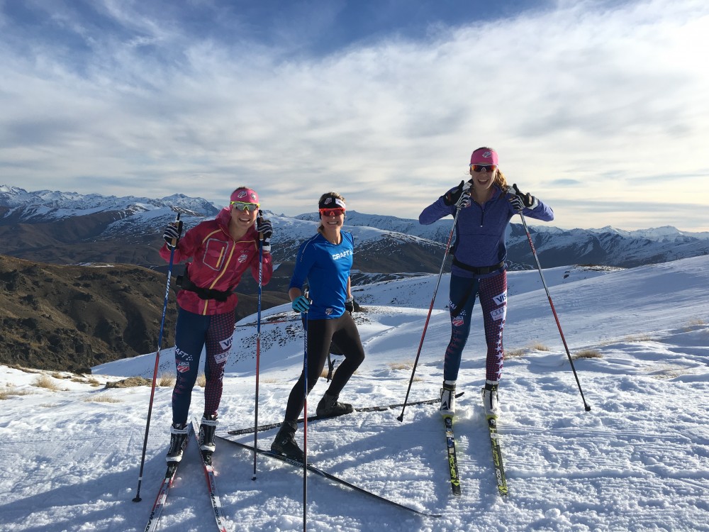 Left to right: U.S. teammates Ida Sargent, Jessie Diggins and Katharine Ogden during their first ski of the camp at Snow Farm in Wanaka, New Zealand. (Photo: Erika Flowers) 