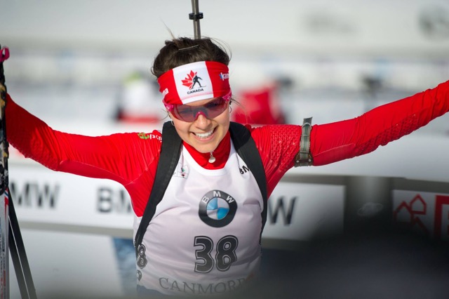 Julia Ransom celbrating after a career best World Cup finish of 19th in Canmore, Alberta. (Courtesy Photo)