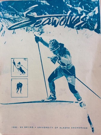 Joey Caterinichio skiing for the University of Alaska Anchorage (UAA) Seawolves, as shown in the 1992-1993 Seawolves media guide. (Photo: courtesy Joey Caterinichio)