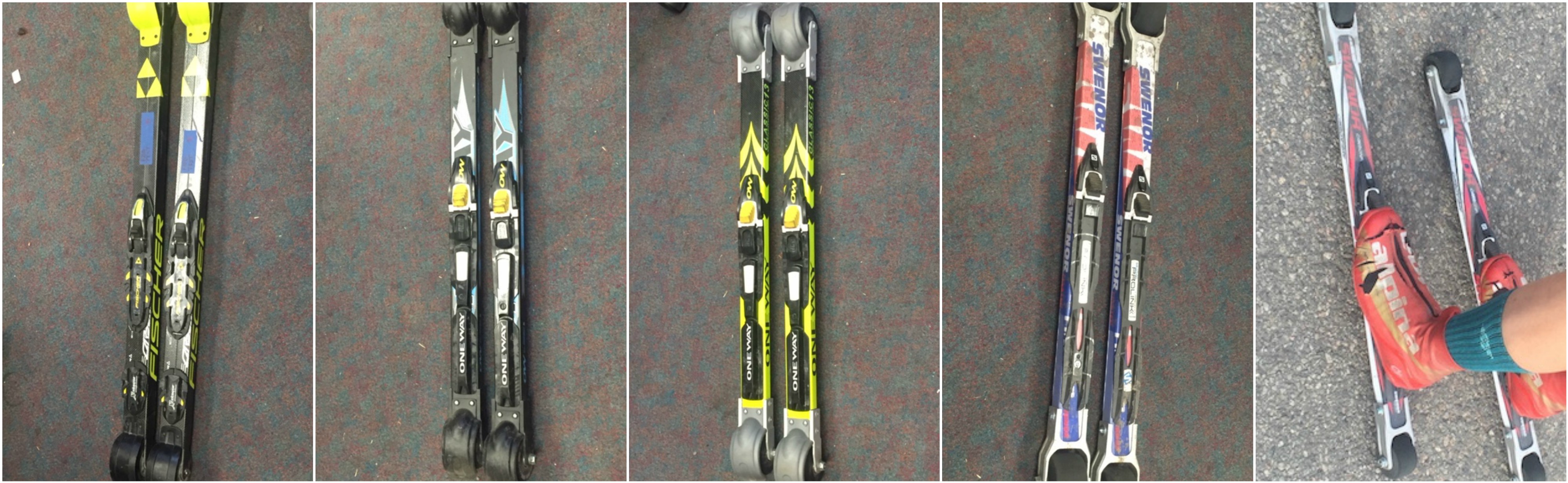 A five-way tie for third place in the 2016 classic rollerski review: (from left to right): Fischer Carbonlite, OneWay Classic 5, OneWay Classic 13, Swenor Finstep, and Swenor Carbonfibre 