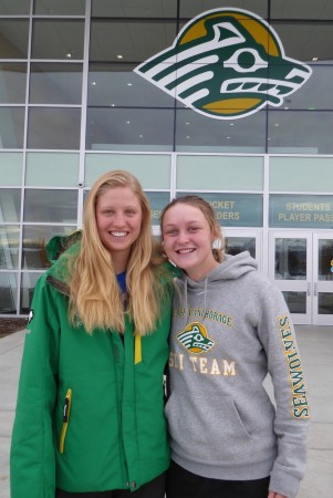 University of Alaska Anchorage Seawolves skiers Hailey Swirbul (l) and Casey Wright (r), photographed on the UAA campus in Anchorage, Alaska, in October 2016. (Photo: Gavin Kentch)
