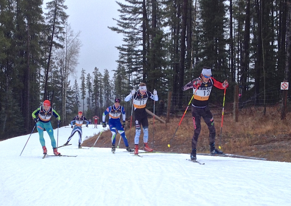 Biathlon Canada's Brendan Green (r) leads Ukrainian biathlete Olexandr Zhrynyi (4) and Canadians Jack Carlyle, (11), NDC Thunder Bay's Bob Thompson (19) and Gareth Williams (1) during the men's 10 k freestyle interval start on Friday at Frozen Thunder in Canmore, Alberta. (Photo: Matthias Ahrens)