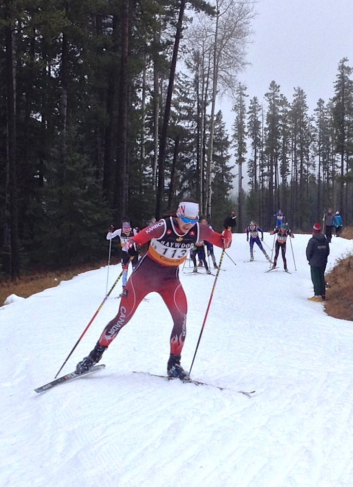 Biathlon Canada's Rosanna Crawford racing to third in the women's 7.5 k freestyle on Friday at Frozen Thunder in Canmore, Alberta. (Photo: Matthias Ahrens)
