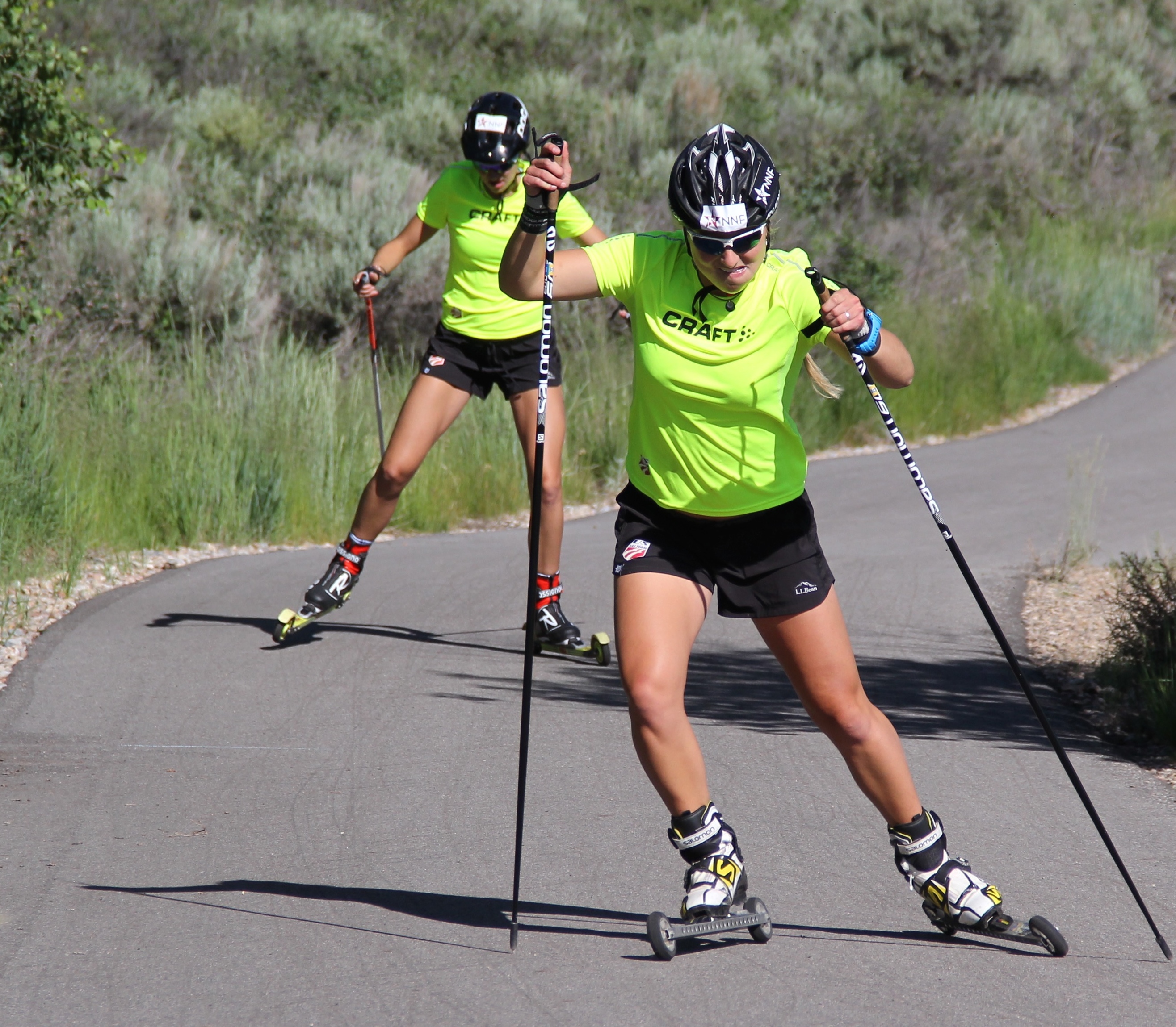 Hannah Halvorsen (foreground) attacking the rollerski track at Soldier Hollow. (Photo: Bryan Fish)