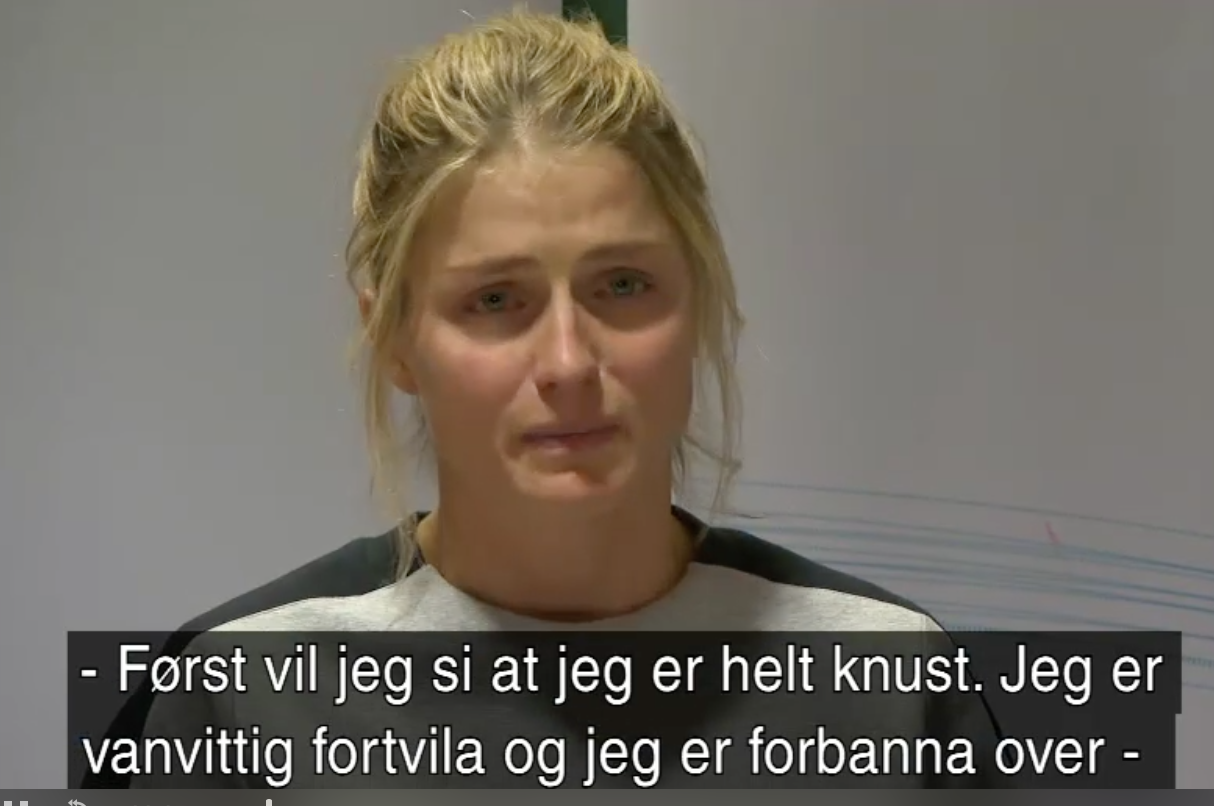 Therese Johaug during a press conference on Thursday announcing her positive doping test.