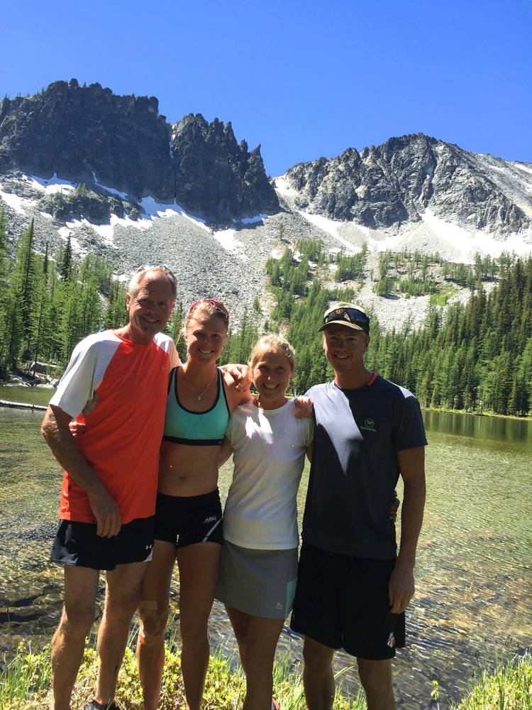 U.S. Ski Team athlete and Alaska Pacific University (APU) skier, Sadie Bjornsen (second from left) along with her parents and brother, Erik Bjornsen (far right) also of the USST post 3 hour run in the Methow Valley this past July. (Photo: Sadie Bjornsen/sadiebjornsen.com) 