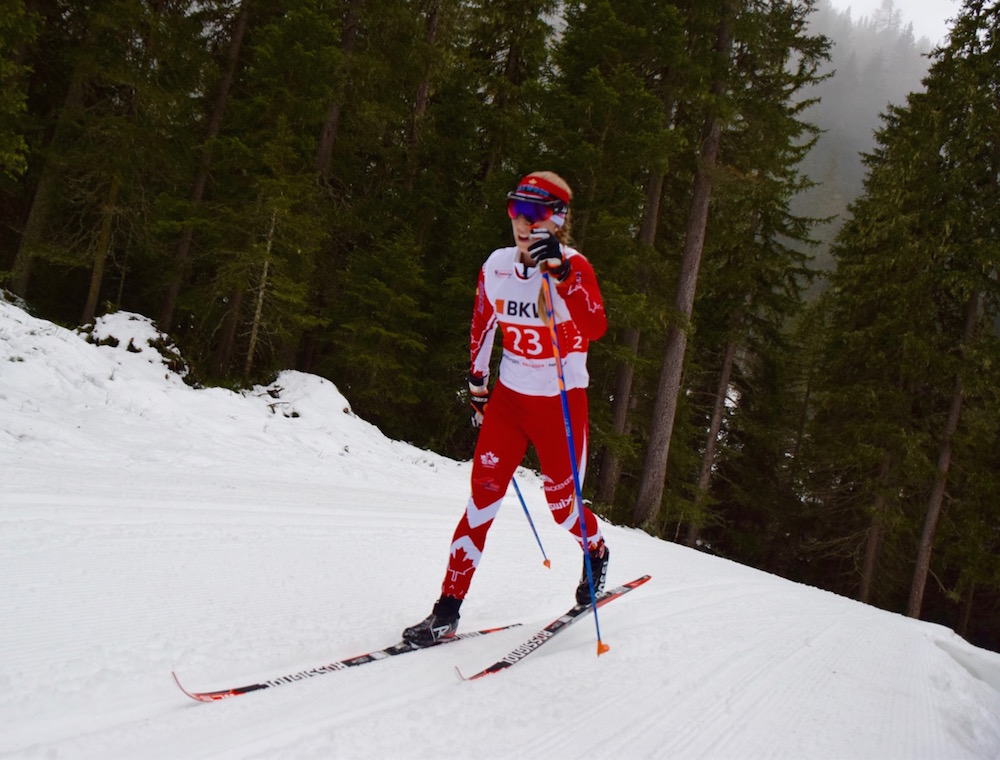 Cendrine Browne (Canadian U25 Team) racing to 12th in the women's 8 k classic preseason race on Saturday in Davos, Switzerland. (Photo: NORDIC-ONLINE.CH)