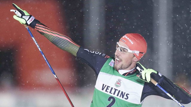 Germany’s 24-year-old Johannes Rydzek celebrating his first of two wins on Saturday at the Ruka Nordic Combined World Cup in Kuusamo, Finland. He now has eighth career individual World Cup victories. (Photo: FIS)