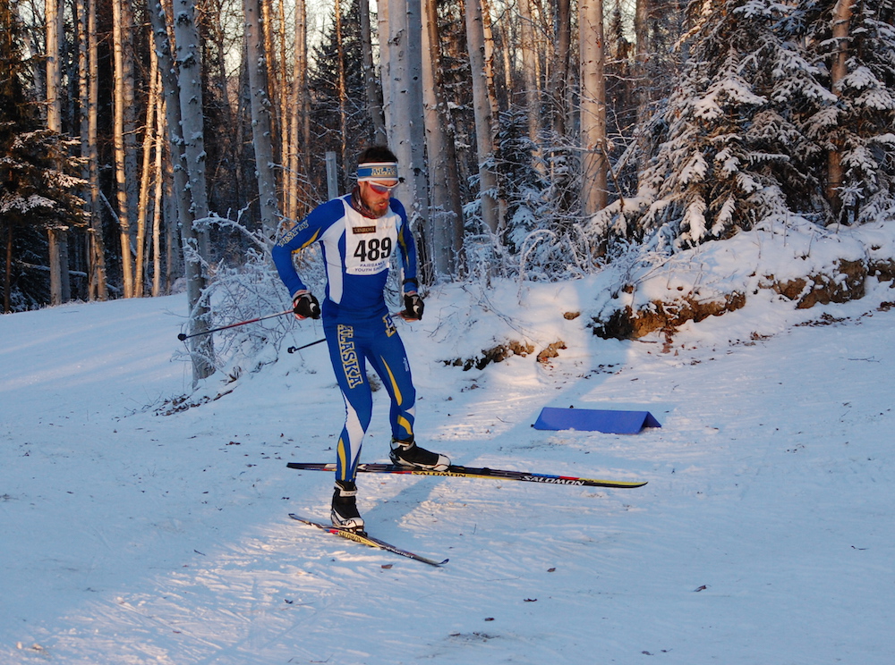 University of Alaska Fairbanks skier Alex Eckert skis in the Alaska Nordic Cup in Fairbanks, Alaska, on Nov. 19, 2016. (Photo: Max Kaufman)