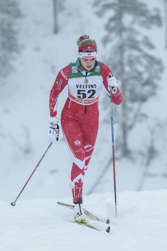 Dahria Beatty racing to 50th in the classic sprint qualifier last Saturday at the first World Cup of the 2016/2017 season in Kuusamo, Finland. (Photo: Fischer/NordicFocus)
