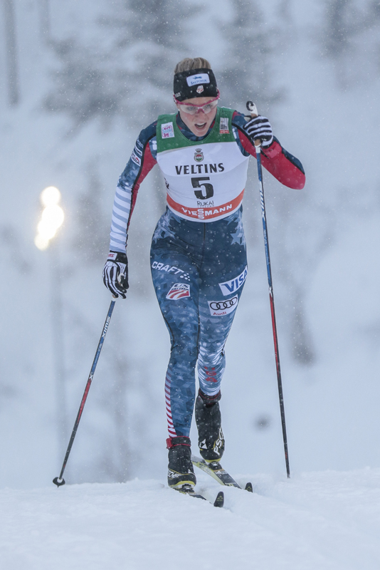 American/USST member Sadie Bjornsen racing to a seventh place in the women's qualifier on Saturday Nov. 26 at the opening FIS races in Ruka, Finland. Bjornsen went on to finish 17th overall. (Photo: Fischer/NordicFocus)