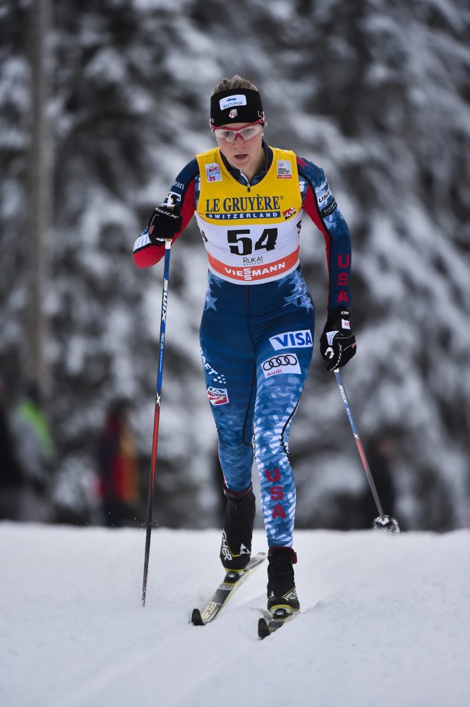 Sadie Bjornsen (U.S. Ski Team) racing to 17th in the World Cup women's 10 k classic on Sunday in Kuusamo, Finland. (Photo: Fischer/NordicFocus)