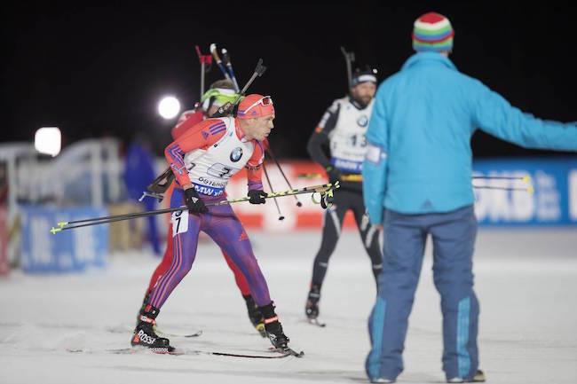 Biathlete Tim Burke coming into the shooting range during the mixed relay in Oestersund, Sweden, on Sunday. The United States ultimately finished eighth in the competition. (Photo: USBA/NordicFocus.com)