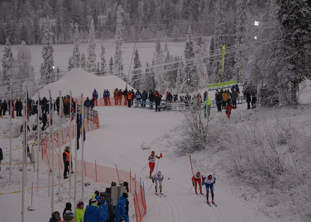 Justyna Kowalzcyk of Poland leads a heat in the women's classic sprint in Muonio, Finland. (Photo: Caitlin Patterson)