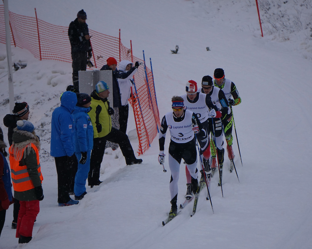 Anssi Pentsinen of Finland leads a heat in the men's classic sprint in Muonio. (Photo: Caitlin Patterson)