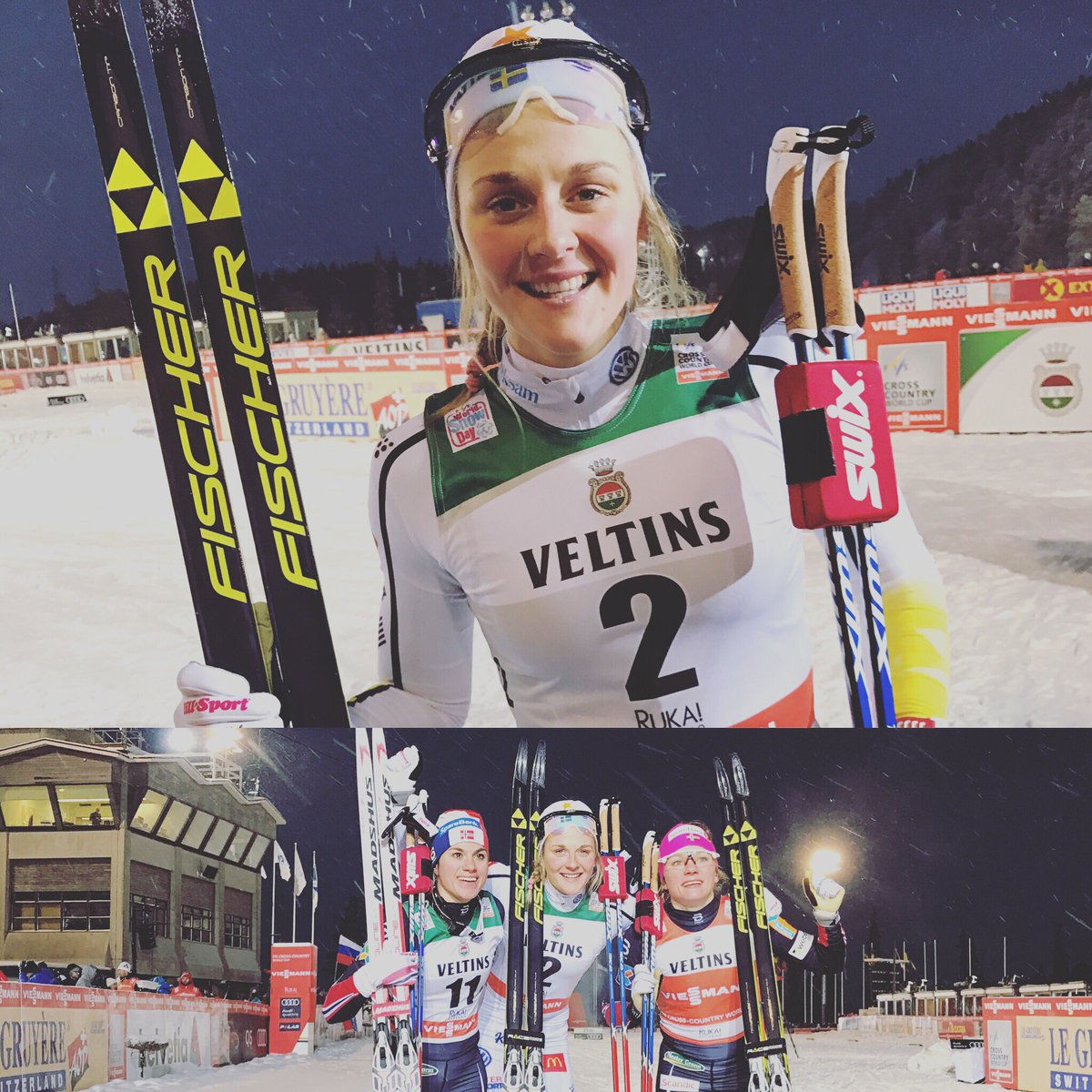 Sweden's Stina Nilsson (top and bottom center) won her first World Cup classic sprint on Saturday in the first race of the 2016/2017 World Cup season. Norway's Maiken Caspersen Falla (bottom right) placed second and Heidi Weng (bottom left) was third. (Photo: FIS Cross Country Twitter)