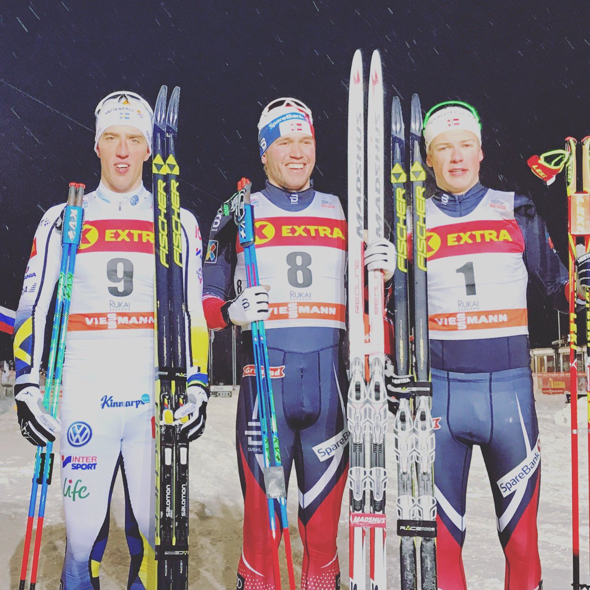 The men's classic sprint podium in the first World Cup race of the season on Saturday in Kuusamo, Finland: Norway's Pål Golberg (c) placed first, Sweden's Calle Halfvarsson (l) was second, and Norway's 20-year-old Johannes Klaebo (r) was third. (Photo: FIS Cross Country Twitter)