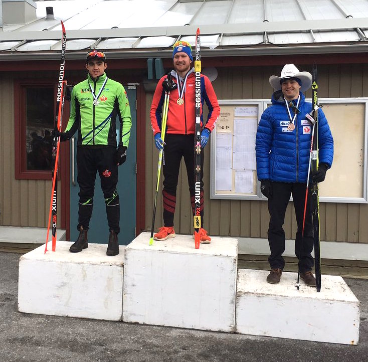The Alberta Cup men's podium in Sunday's 8.1 k classic interval start, with winner Kyle Bratrud (c) of CXC Team, NDC Thunder Bay's Evan Palmer-Charrette (l) in second and AWCA's Dominique Moncion-Groulx (r) in third. (Photo: NTDC Thunder Bay/Twitter)