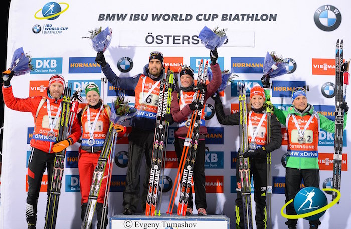 On the podium in the single mixed relay: team France (Martin Fourcade and Marie Dorin Habert), Austria (Simon Eder and Lisa Theresa Hauser), and Germany (Erik Lesser and Franziska Preuss). (Photo: IBU/Evgeny Tumashov/Twitter)
