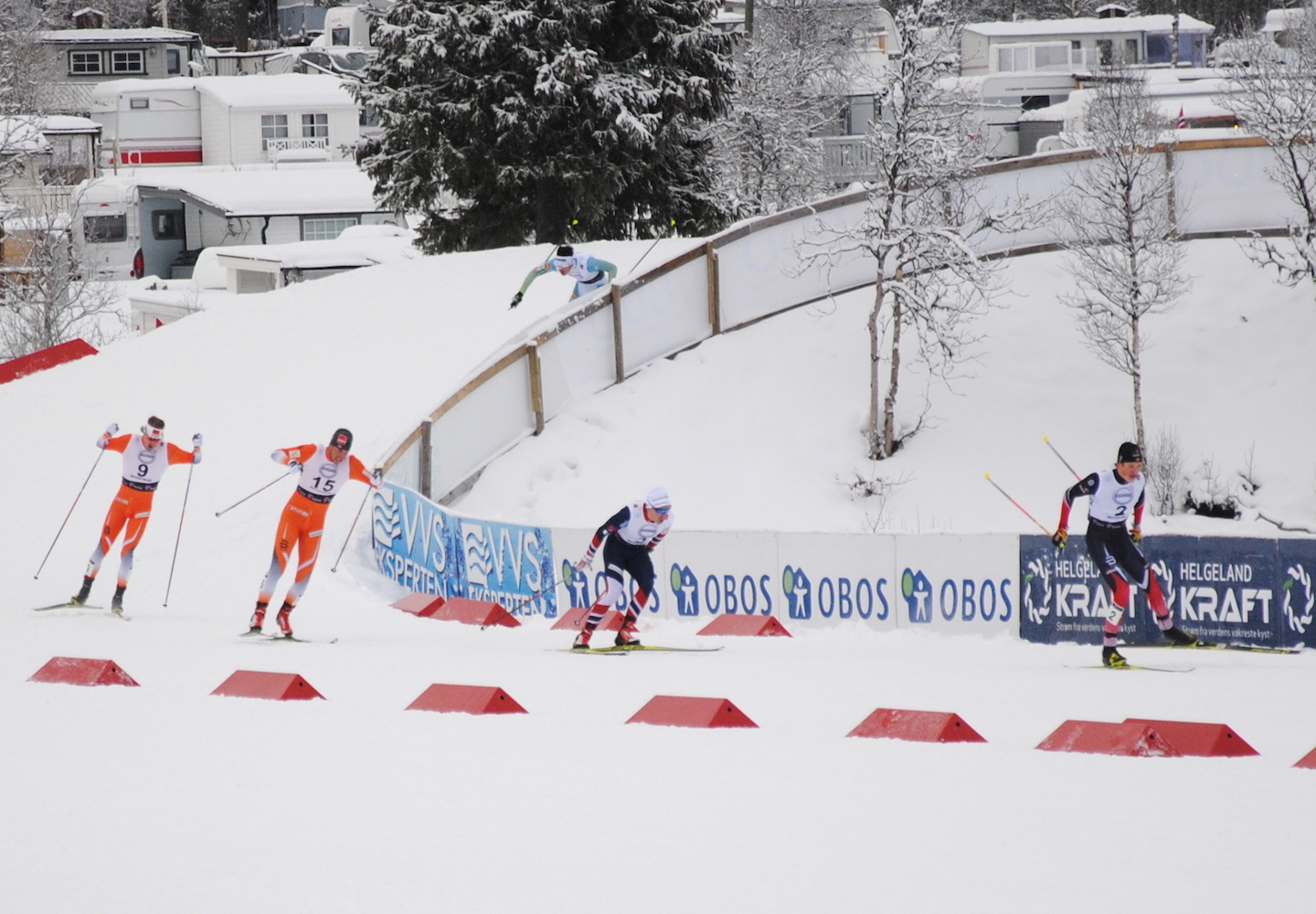 (From right to left) Johannes Høsflot Klæbo (Norwegian U23 Team) leading his heat with Finn Hågen Krogh, Even Northug and Kasper Stadaas on Sunday at the 1.7 k freestyle sprint FIS race in Beitostølen, Norway. (All photos: Aleks Tangen)