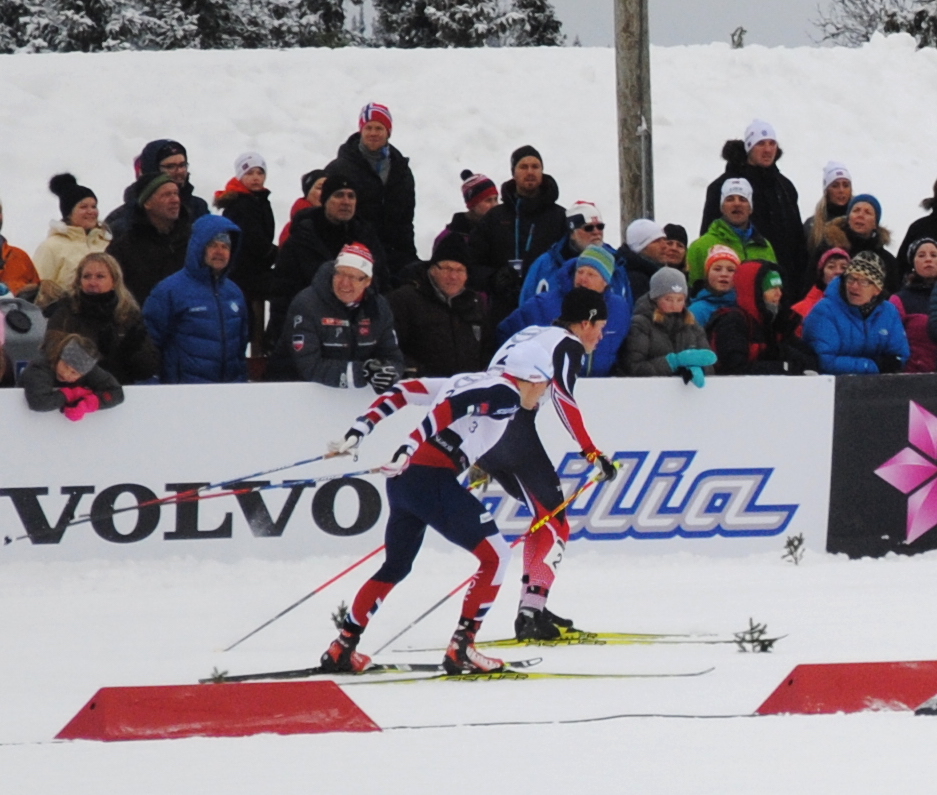 Johannes Høsflot Klæbo (Norwegian U23 Team) leading Finn Hågen Krogh to the finish of Sunday's freestyle sprint FIS race in Beitostølen, Norway. Klæbo was 0.2 seconds fasters in first, and both advanced to the final. (Photo: Aleks Tangen)
