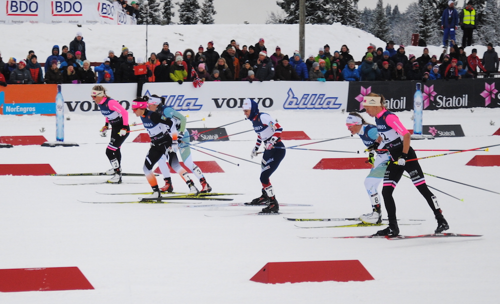Norway's Maiken Caspersen Falla (pink headband) leads out of the start of the women's 1.2 k freestyle sprint final on Sunday in Beitostølen, Norway. (From left to right) Norway's Mari Eide, Slovenia's Vesna Fabjan, Falla, Norway's Heidi Weng, Slovenia's Anamarija Lampic, and Norway's Silje Øyre Slind all reached the final. (Photo: Aleks Tangen)