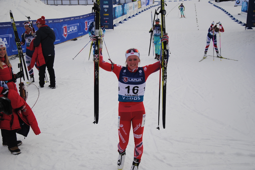 Karoline Erdal celebrates her fourth-place finish.