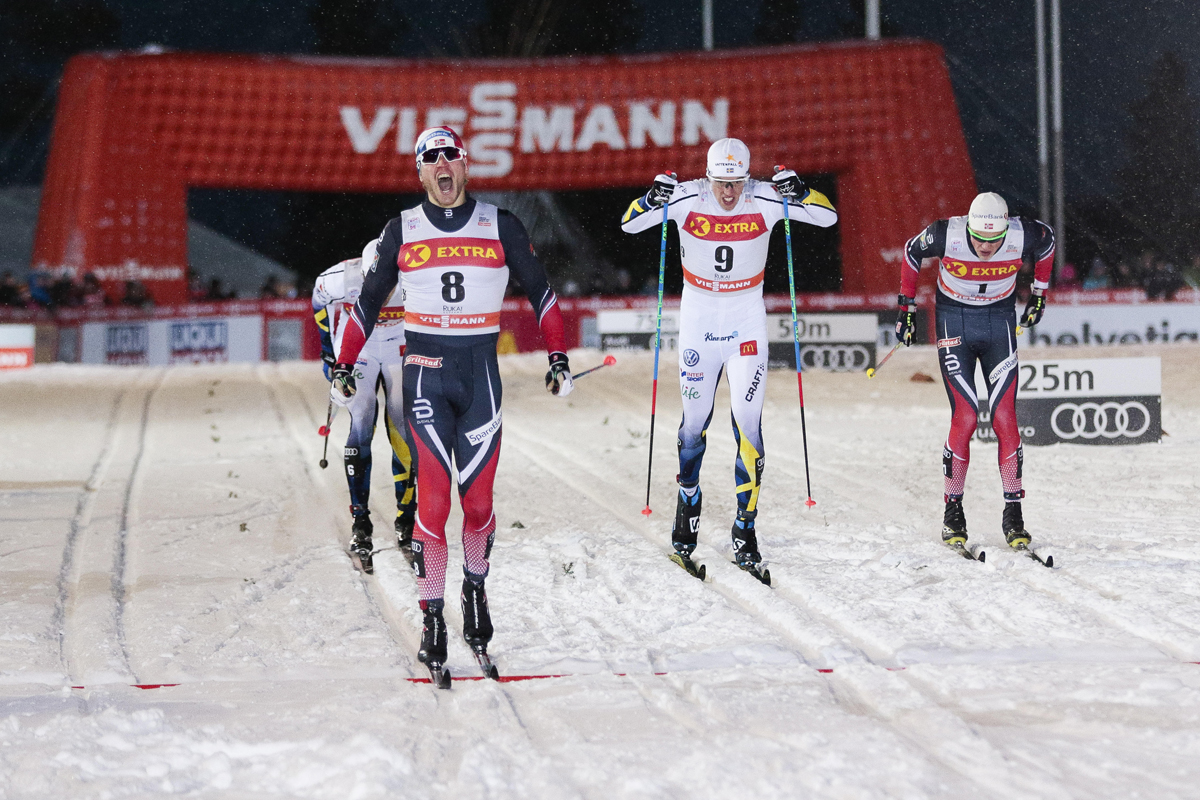 Norway's Pål Golberg (8) celebrates his first classic sprint win in the first World Cup of the 2016/2017 season on Saturday after beating out Sweden's Calle Halfvarsson (9), Norway's Johannes Høsflot Klæbo (far right) and Sweden's Teodor Peterson (behind), respectively, in Kuusamo, Finland. (Photo: Fischer/NordicFocus)