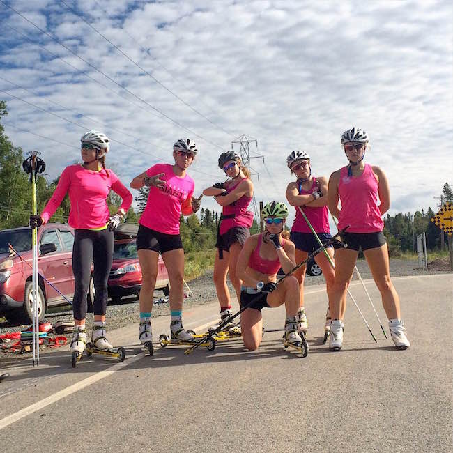 Pink posse: Katherine Stewart-Jones and teammates strike a pose at a recent rollerski workout. (Courtesy photo)