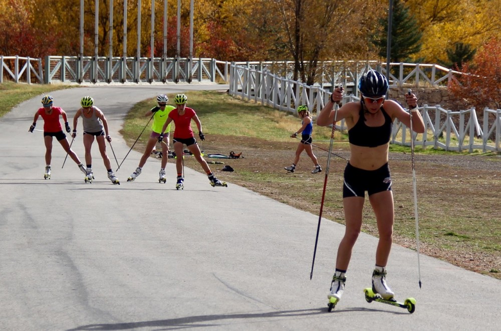 U.S. Ski Team D-team skier Katharine Ogden (r) during a sprint time trial at the USST's annual training camp in Park City, Utah, which ran this year from Oct. 17 until Oct. 31. (Photo: Bryan Fish) 