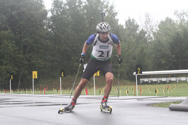 Russell Currier (Outdoor Sports Institute) competing in the men's mass start sprint race in Jericho, Vermont August 2016.