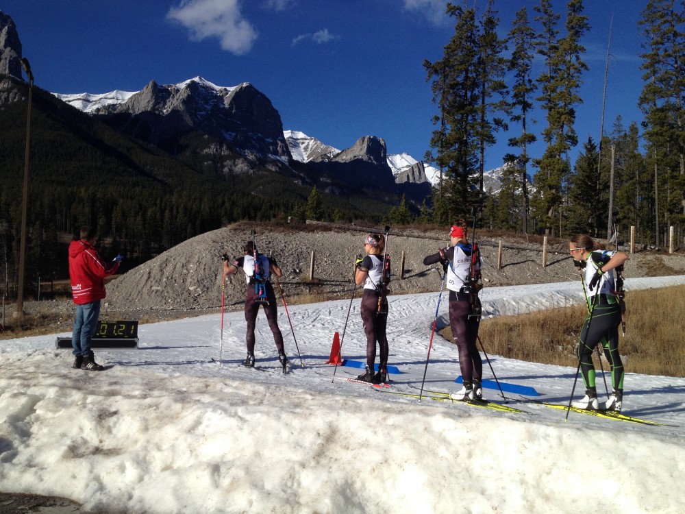 Left to right: Biathlon Canada's Rosanna Crawford, Julia Ransom, Megan Tandy and US Biathlon's Susan Dunklee at the start of the women's 7.5 k race on Wednesday Nov. 9 at this year's Biathlon Canada team selection time trial races at Frozen Thunder in Canmore, Alberta. (Photo: Matthias Ahrens)