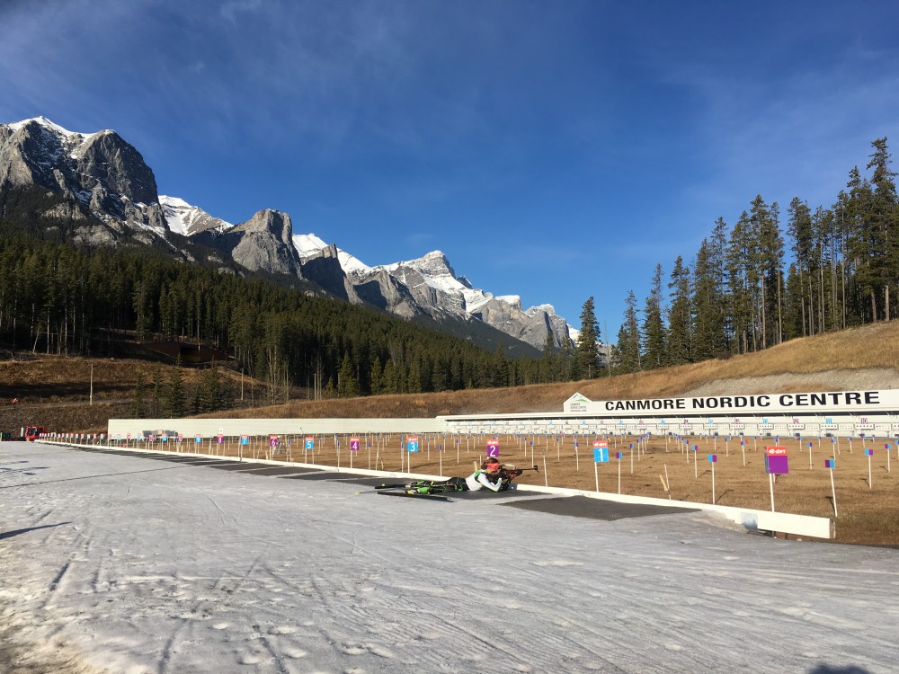 US Biathlon's Susan Dunklee shooting prone during the women's 7.5 k race on Thursday Nov. 10 at this year's Biathlon Canada team selection time trial races at Frozen Thunder in Canmore, Alberta. (Photo: Matthias Ahrens)