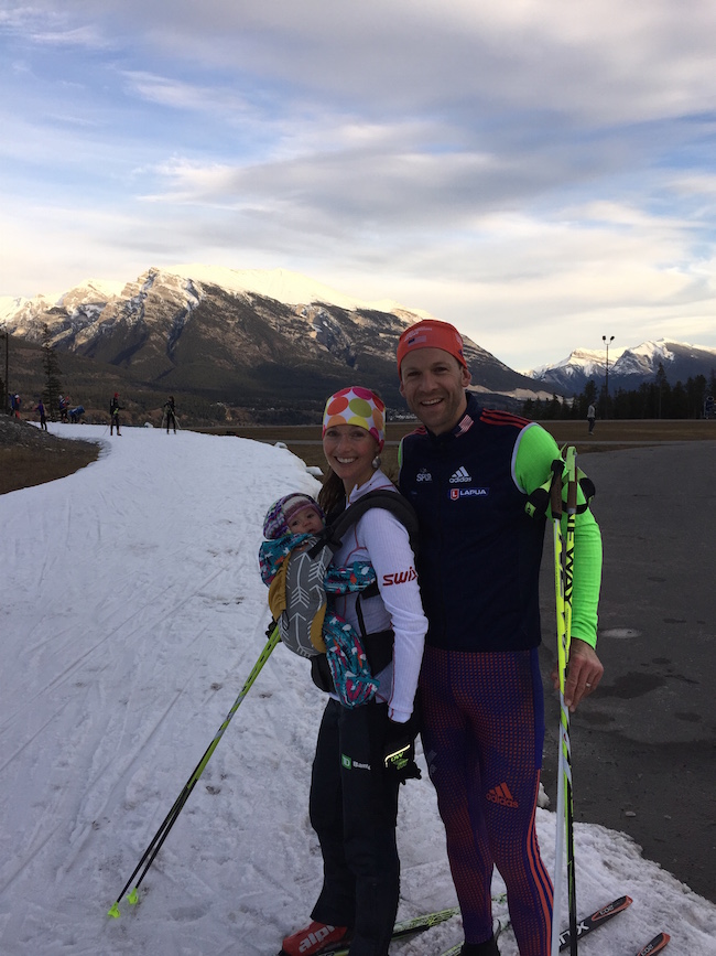 Lowell and Erika Bailey and baby Ophelia out for a ski on Frozen Thunder in Canmore, Alberta. (Courtesy photo)