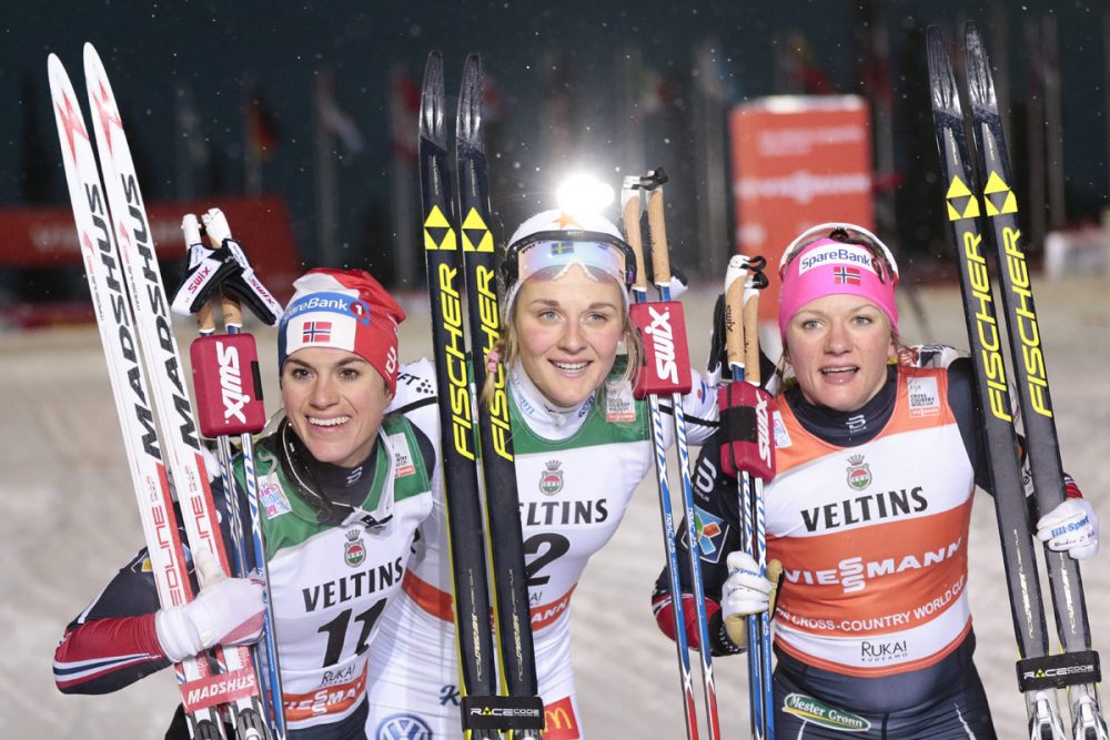 The women's classic sprint final podium at the opening FIS races in Ruka, Finland on Saturday Nov. 26. From left to right: Heidi Weng of Norway, Sweden's Stina Nilsson, and Norwegian Maiken Caspersen. (Photo: Fischer/NordicFocus)