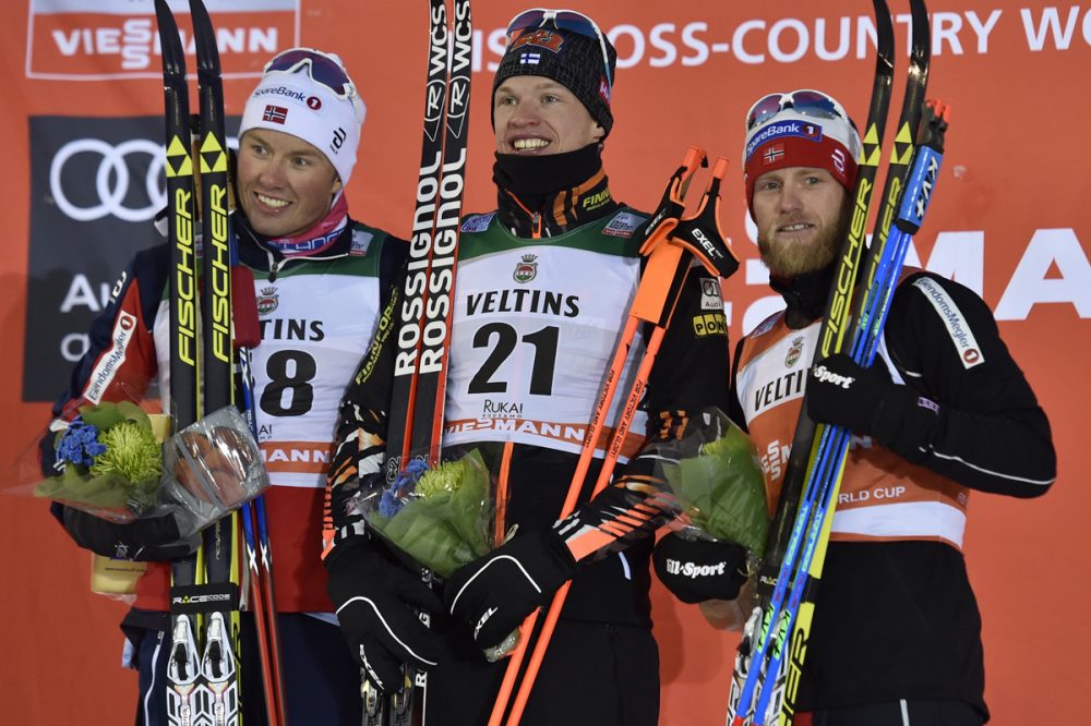 The men's 15-kilometer classic podium on Sunday Nov. 27 in Kussamo, Finland. Left to right: Norway's Emil Iversen, Finland's Iivo Niskanen, and Norwegian Martin Johnsrud Sundby. (Photo: Fischer/NordicFocus)