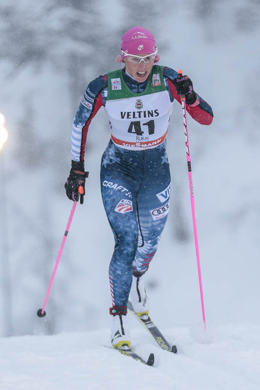 Kikkan Randall racing to 52nd in the classic sprint qualifier in Ruka, Finland, on Saturday. (Photo: Fischer/NordicFocus.com)