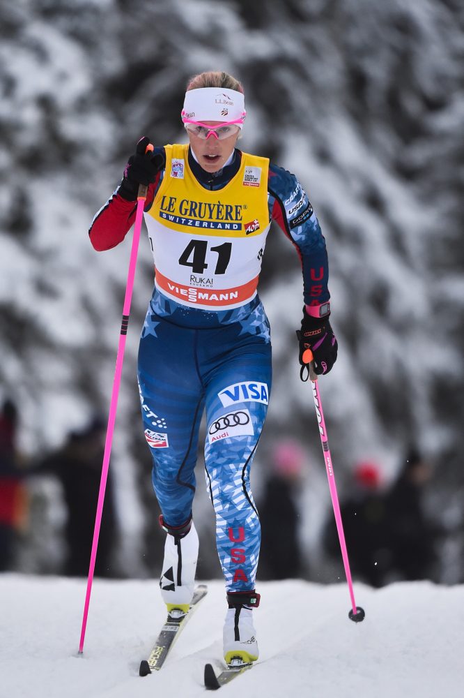 Kikkan Randall (U.S. Ski Team) racing to 43rd in the women's 10 k classic at the Ruka World Cup in Kuusamo, Finland. A day earlier, she placed 52nd in the classic sprint. (Photo: Fischer/NordicFocus)