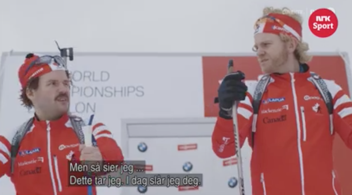 Macx Davies and Christian Gow trash-talking on the start line, as dramatized by NRK.