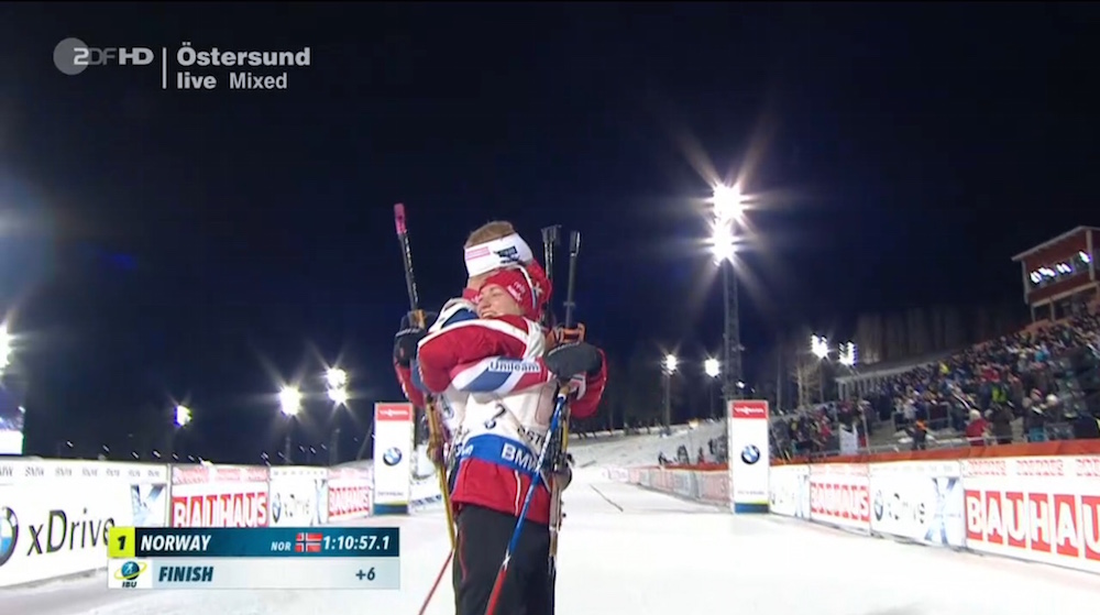 The Norwegian mixed relay team celebrates after its win in the first IBU World Cup race of the 2016/2017 season on Sunday in Östersund, Sweden. (Photo: ZDF screen shot)