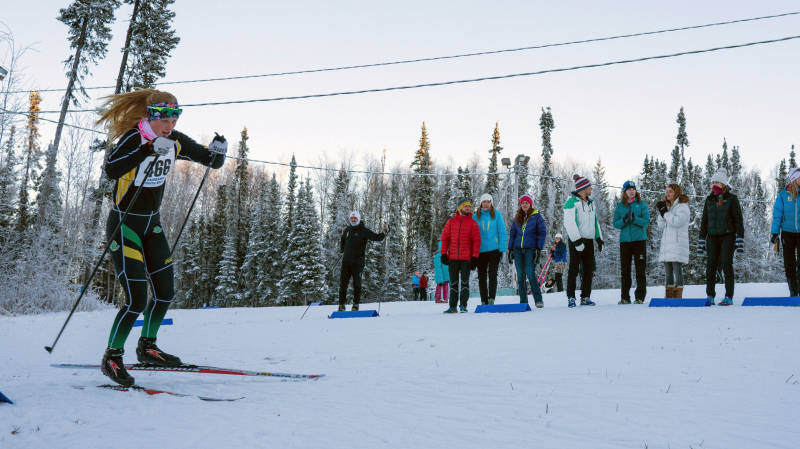 University of Alaska Anchorage freshman Hailey Swirbul skis through the stadium at Birch Hill Ski Area in Fairbanks, Alaska, in the Alaska Nordic Cup on Nov. 19, 2016. (Photo: Zachary Hall/UAA Athletics)