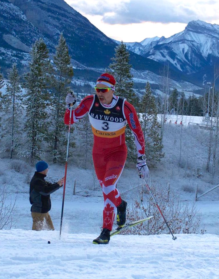 Jess Cockney (Canadian World Cup B-team) racing to first in the men's classic sprint qualifier at Frozen Thunder on Tuesday in Canmore, Alberta. The win should secure his spot with the Canadian national team at World Cup Period 1. (Photo: Jenn Jackson)