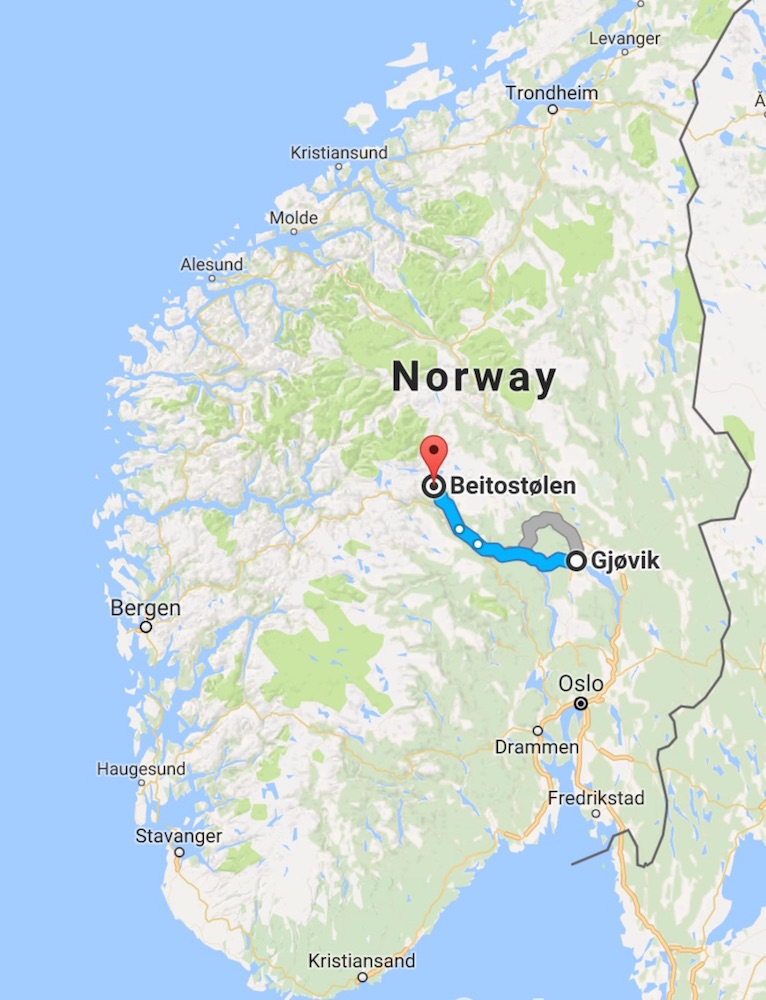 Andy Newell had to drive himself from a hospital in Beitostølen to a larger hospital in Gjovik, Norway, about two hours away. (Photo: Google Maps) 