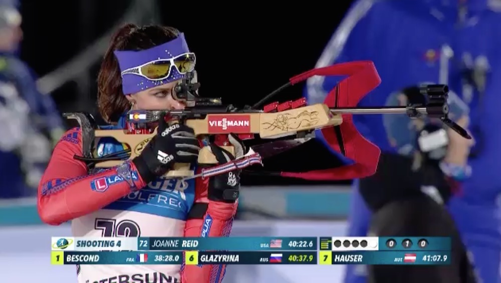 Joanne Reid (US Biathlon) during her final shooting stage of Wednesday's 15 k individual IBU World Cup in Östersund, Sweden. Reid missed two in that stage (for a total of three penalties) and placed 29th for a career best. 