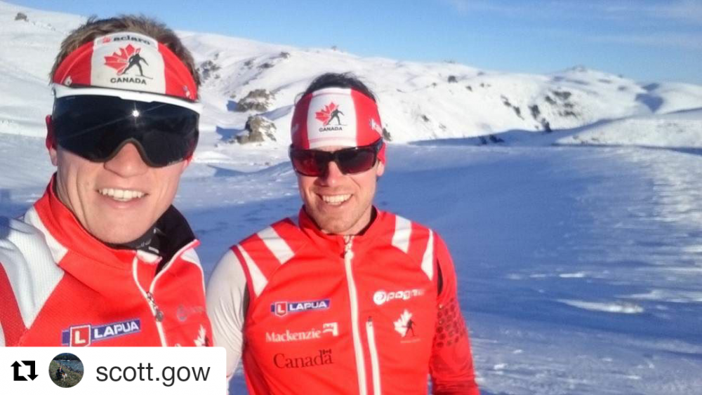 Nathan Smith of Biathlon Canada (r) with Scott Gow  mid ski. (Photo: Nathan Smith)