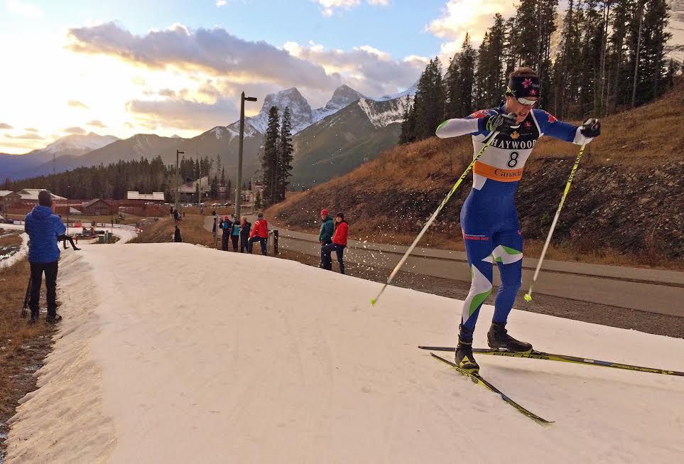 Bob Thompson (NDC Thunder Bay) sprinting to second in Thursday's skate-sprint qualifier at Frozen Thunder in Canmore, Alberta. The performance earned him the final spot on Canada's World Cup team for Period 1. (Photo: Drew Goldsack)