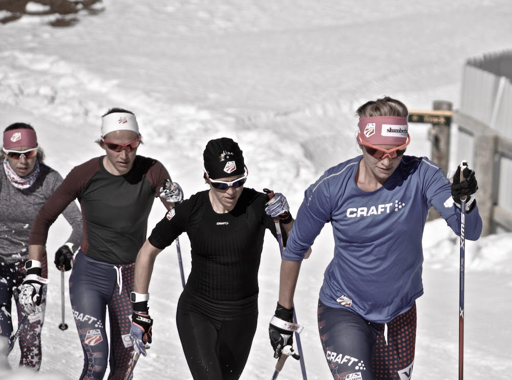 Katharine Ogden (left) training with U.S. Ski Team teammates (r-l) Jessie Diggins, Liz Stephen, and Sophie Caldwell in New Zealand this summer. (Courtesy photo)