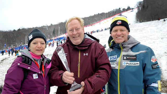 More lighthearted times: USSA CEO Tiger Shaw (r) with FIS Secretary General Sarah Lewis (l) and FIS Journalist of the Year Peter Graves (c) at the Killington Alpine World Cup nearly two weeks ago in Killington, Vt. (Photo: FIS)