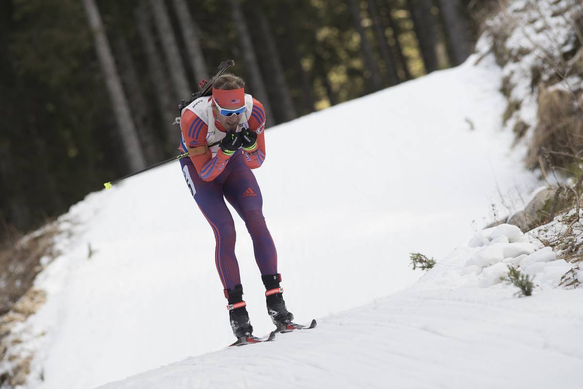 Lowell Bailey (US Biathlon) racing to 18th on Friday in the men's 10 k sprint at the IBU World Cup in Pokljuka, Slovenia. (Photo: USBA/NordicFocus)