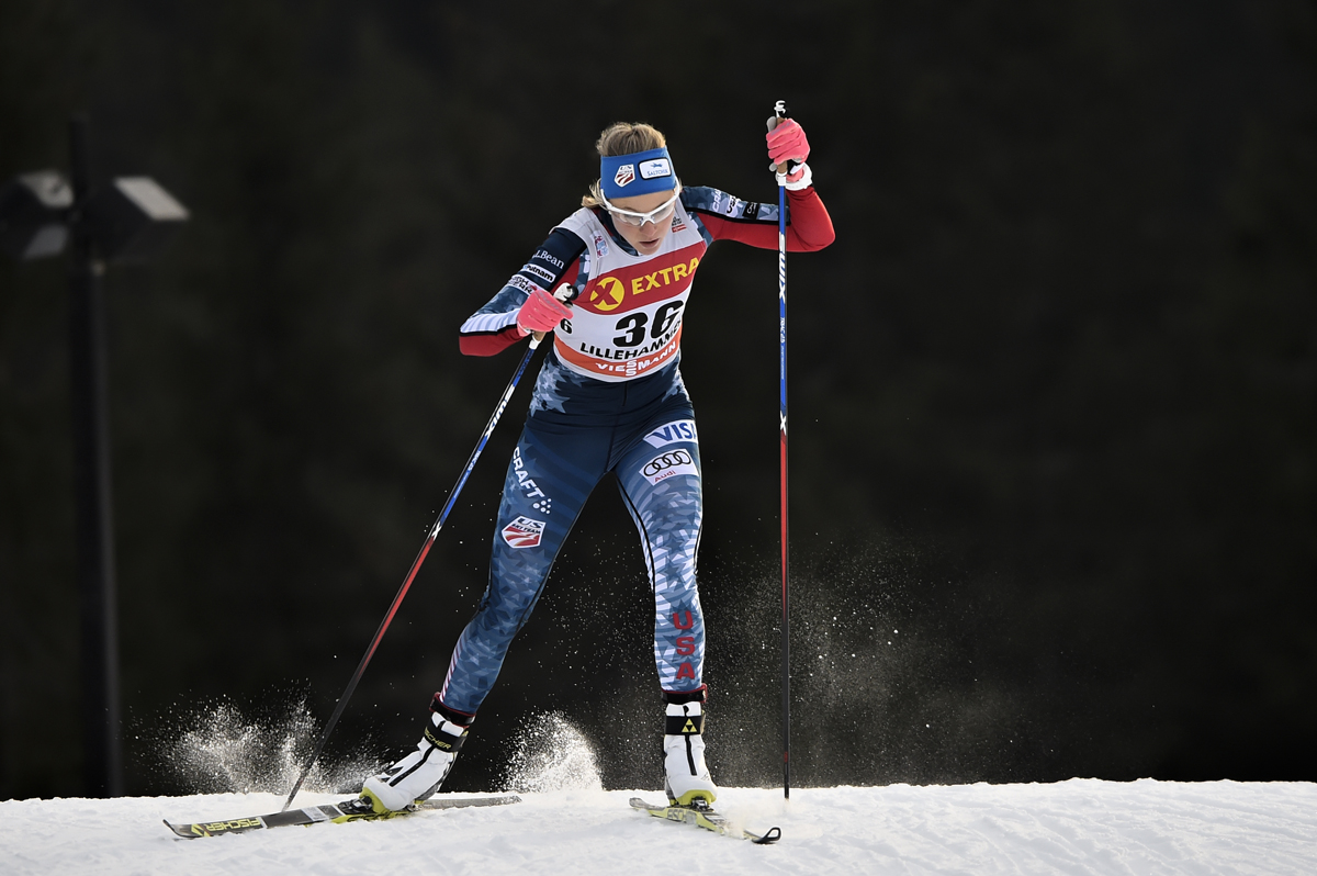 Sadie Bjornsen (U.S. Ski Team) racing to 14th in Saturday's 5 k freestyle at the World Cup in Lillehammer, Norway. (Photo: Fischer/NordicFocus)